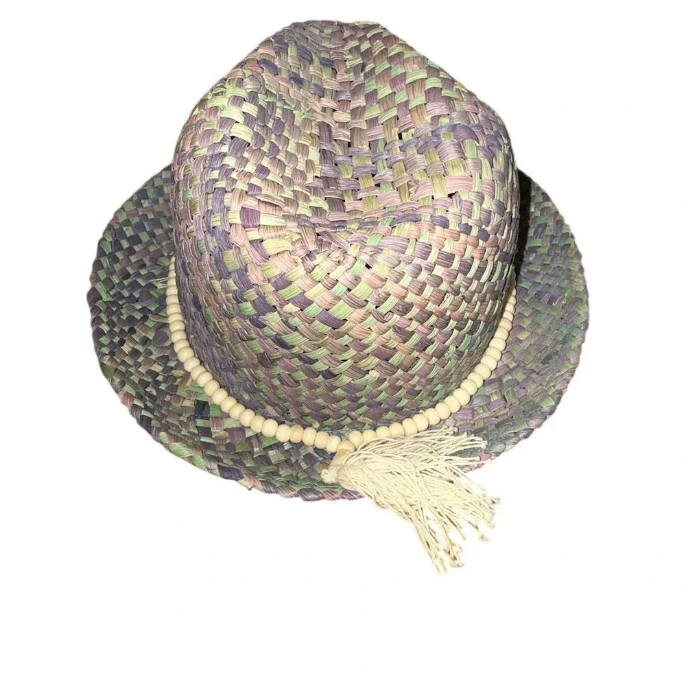 Lucky Brand Fedora Hat Womens One Size Multicolor Boho Beaded Tassel woven straw